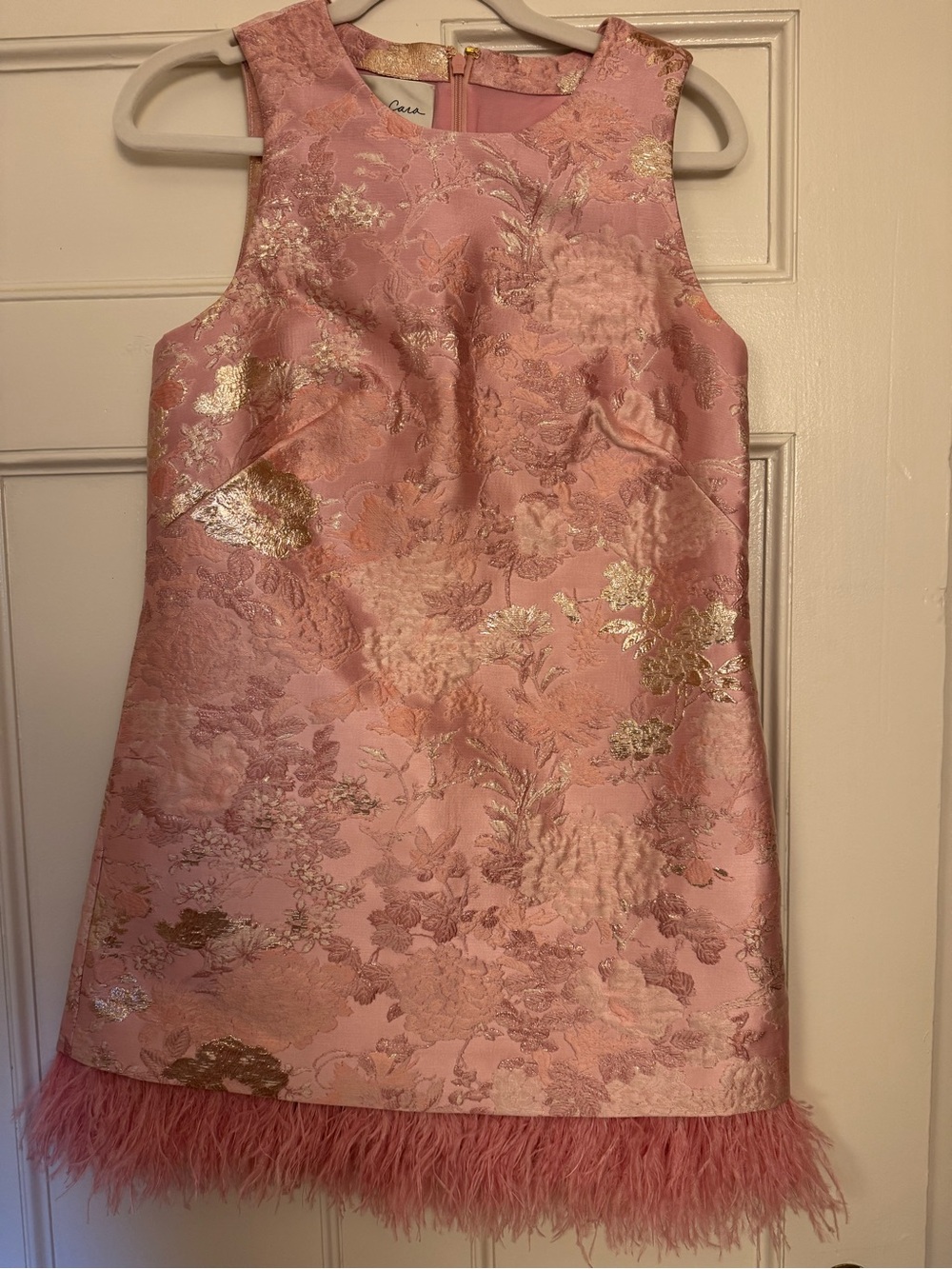 Cara Cara Pink Floral Brocade Dress with Feather Hem - Picture 1 of 5